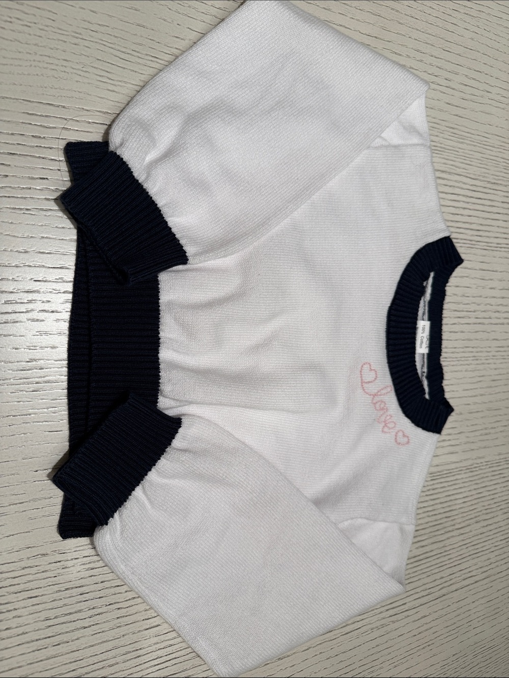 SET by Lullaby Set - White Cropped Crewneck Sweater with Navy Trim